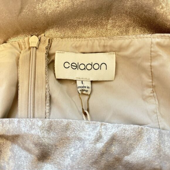 NWT Celadon Puff Sleeve Baby Doll Dress Metallic Gold Women Off Shoulder Size L - Picture 10 of 13